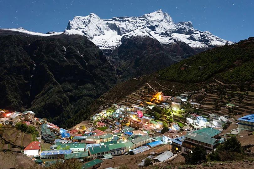 Beautiful night view of Namche Bazar with the mountains in the back