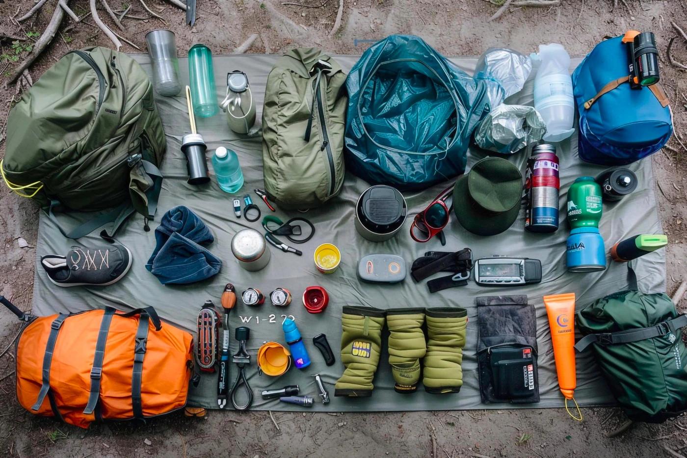 A mat with many trekking items including backpack - Annapurna circuit trek packing list